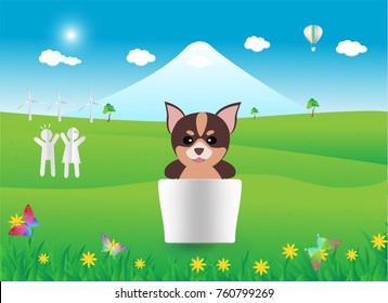 Vector illustration abstract background with chihuahua puppy boy girl flower butterfly.Paper art concept.