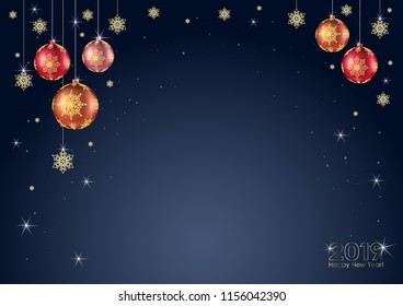 Vector illustration of abstract background with Christmas balls for holiday. Template for congratulations, advertisements. Text, 2019 year and snowflakes on the dark blue gradient background.