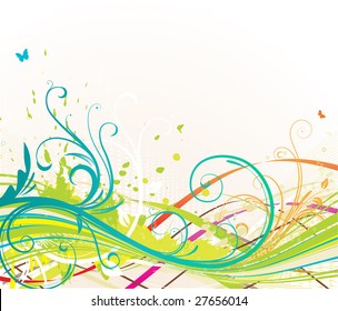 Vector illustration of abstract background with color curved lines and floral elements