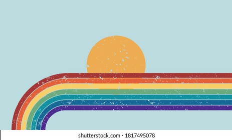 Vector illustration. Abstract background. Contemporary style. Colorful rainbow. Grunge texture. Panoramic wallpaper. Decorative art. Clear sky with sun. Geometric lines. 