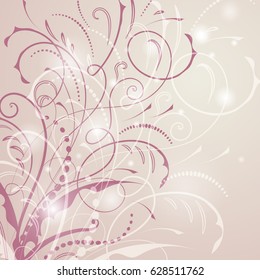 Vector illustration of abstract background with curved lines and floral elements, stems, dots and lights.