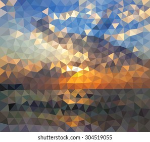 Vector illustration of abstract background for design. Polygonal Mosaic. Triangular low poly style. Sea landscape. Sunset. Sunrise. Template for poster.