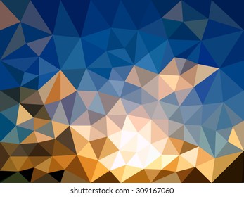Vector illustration of abstract background for design. Sunset & sunrise. Polygonal Mosaic. Triangular low poly style. Template for poster.