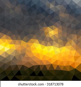 Vector illustration of abstract background for design. Polygonal Mosaic. Sunset & sunrise. Sunset polygonal mosaic. Triangular low poly style. Template for poster.