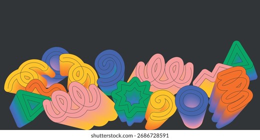 Ilustración vectorial. Fondo Abstractas, garabatos, garabatos volumétricos, Gradientes multicolores. Portada, fondo, Anuncio.