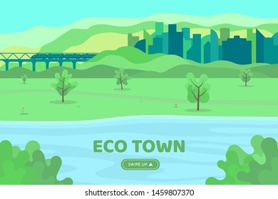 Vector illustration.  Abstract background in a flat style.  Landscape of the city with park and lake in the foreground.  Ecological concept.  Green town