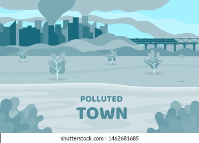 Vector illustration. Abstract background in a flat style. Landscape of the city with park and lake in the foreground. Ecological concept. The contaminated town