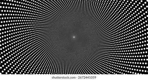 Vector illustration of an abstract background with geometric dots creating a mesmerizing tunnel effect. The monochrome graphic uses a repeating pattern for a hypnotic optical illusion.