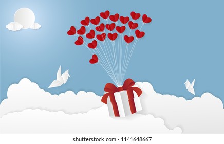 Vector illustration abstract background with Gift Birds Hearts and Sun.Paper art concept.