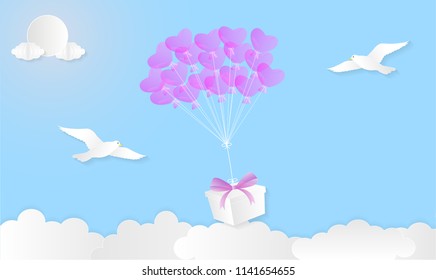 Vector illustration abstract background with Gift Birds Sun and Balloons.Paper art concept.