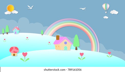 Vector illustration abstract background with Home Balloon Rainbow Bird Sun Tree and Flower.Paper art concept.