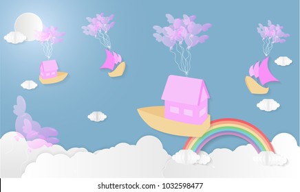 Vector illustration abstract background with House Heart Ship Balloon and Rainbow.Paper art concept.
