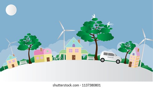 Vector illustration abstract background with house bird smart car bicycle tree and Wind turbine.Paper art concept.