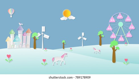 Vector illustration abstract background with House Tree Sun Horse Chicken wind turbine Ferris wheel and Flower.Paper art concept.