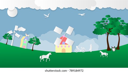 Vector illustration abstract background with House Wind turbine Horse Tree Sun Bird Men Women and Bicycle.Paper art concept.