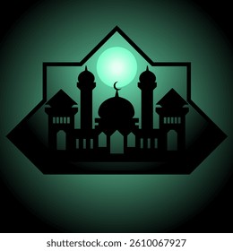 vector illustration of an abstract background with a lantern and mosque. Abstract Teal Islamic Design: Mosque Silhouette, Twin Minarets, and Crescent Moon within a Polygon