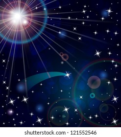 Vector illustration of abstract background with light rays and stars ob dark blue