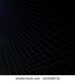 Ilustración vectorial fondo abstracto de líneas en azul, verde amarillo y púrpura sobre fondo negro con espacio para texto redondeado o encubierto 
