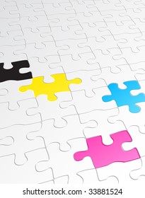 Vector illustration of abstract background made of jigsaw puzzle templates with 4 pieces in different colors