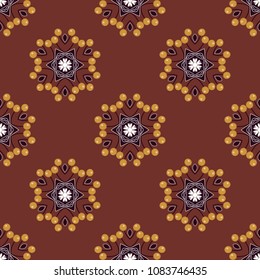 Vector illustration. Abstract vector background with mandalas. Creative decoration for wallpaper, clothes, textile. Unique geometric bright swatch in brown, yellow and white colors.