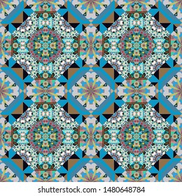 Vector illustration. Abstract vector background with mandalas. Unique geometric bright swatch in green, gray and blue colors. Creative decoration for wallpaper, clothes, textile.