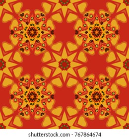 Vector illustration. Abstract vector background with mandalas. Creative decoration for wallpaper, clothes, textile. Unique geometric bright swatch in yellow, orange and red colors.