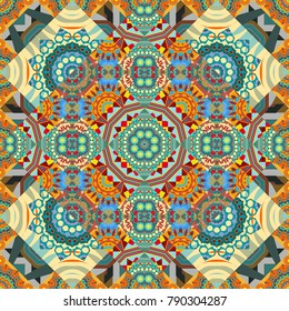 Vector illustration. Abstract vector background with mandalas. Creative decoration for wallpaper, clothes, textile. Unique geometric bright swatch in yellow, orange and blue colors.