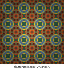 Vector illustration. Abstract vector background with mandalas. Creative decoration for wallpaper, clothes, textile. Unique geometric bright swatch in blue, yellow and red colors.