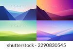 Vector illustration. Abstract background. Minimalist style. Flat concept. 4 landscapes collection. Website template. UI design. Meadow, hills, evening scene. Vacation travel concept. Website template