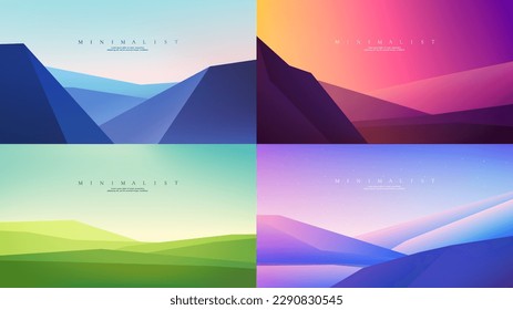 Vector illustration. Abstract background. Minimalist style. Flat concept. 4 landscapes collection. Website template. UI design. Meadow, hills, evening scene. Vacation travel concept. Website template