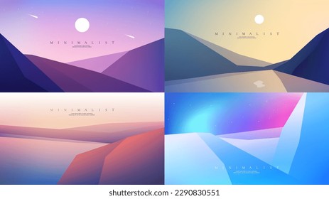 Vector illustration. Abstract background. Minimalist style. Flat concept. 4 landscapes collection. Website template. UI design. Evening scene, hills by water, lake by rocks, aurora boreal. Geometry