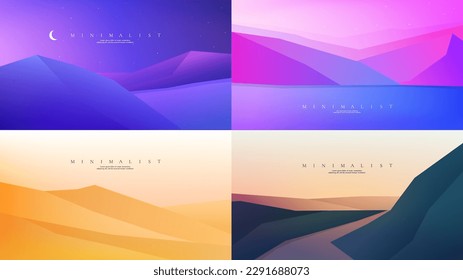 Vector illustration. Abstract background. Minimalist style. Flat concept. 4 landscapes collection. Website template, web banner. UI design. Graphic digital wallpapers. Evening, hills by water, desert