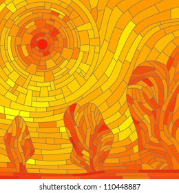 Vector illustration abstract background: mosaic red hot sun with trees in yellow tone.