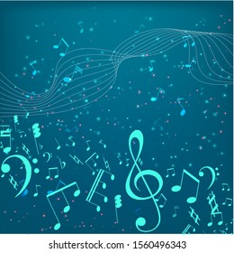 Vector Illustration of an Abstract Background with Music notes. Colorful music background. Shining Notes and Treble Clef. Digital audio equalizer.
