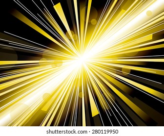 Vector illustration of abstract background with neon golden light rays.