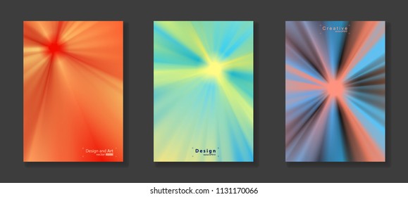 Vector illustration of abstract background. Ornament from the rays. Bright cool design for cover, advertise, wallpaper. Multicolored gradient with blue, green, orange and yellow. Set from three idea.