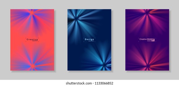 Vector illustration of abstract background. Ornament from the rays. Bright cool design for cover, advertise, wallpaper. Multicolored gradient with blue, orange and pink. Set from three idea.