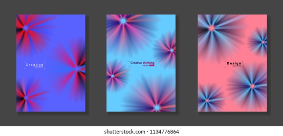 Vector illustration of abstract background. Ornament from the rays. Bright cool design for cover, advertise, wallpaper. Multicolored gradient with blue, violet, and poppy red. Set from three idea.
