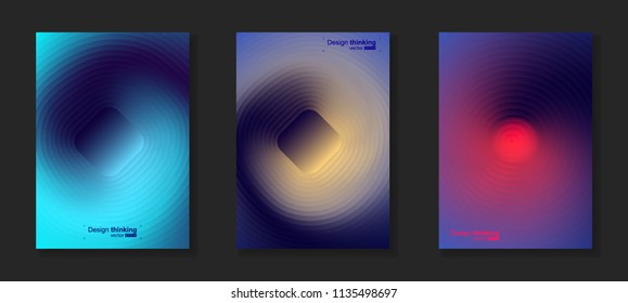 Vector illustration of abstract background. Ornament from the gradient circle lines. Bright cool design for cover, advertise. Multicolored gradient with blue, yellow and red. Set from three idea.