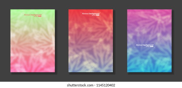 Vector illustration of abstract background. Ornament from the dots of leaves. Bright cool design for cover, advertise. Multicolored gradient with blue, green, pink and red. Set from three idea.