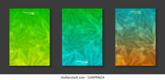 Vector illustration of abstract background. Ornament from the dots of leaves. Bright cool design for cover, advertise. Multicolored gradient with blue, green, orange and yellow. Set from three idea.
