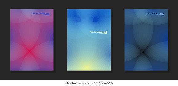 Vector illustration of abstract background. Ornament from the gradient circle lines. Bright cool design for cover, advertise. Multicolored gradient with blue, yellow and pink. Set from three idea.