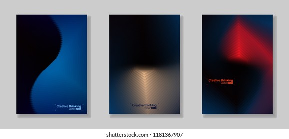 Vector illustration of abstract background. Ornament from the gradient spiral lines. Bright cool design for cover, advertise. Multicolored gradient with dark blue and dark red. Set from three idea.