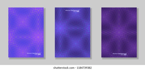 Vector illustration of abstract background. Ornament from the gradient violet stars. Bright cool design for cover, advertise. Multicolored gradient with green and pink. Set from three idea.
