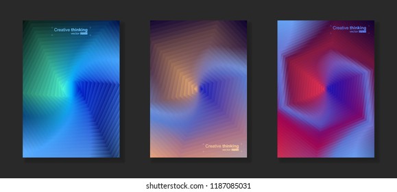 Vector illustration of abstract background. Ornament from the gradient spiral hexagon. Bright cool design for cover, advertise. Multicolored gradient with blue, yellow and pink. Set from three idea.