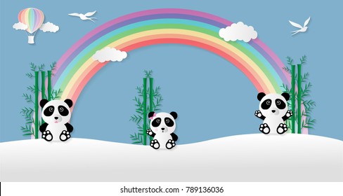 Vector illustration abstract background with Panda Balloon Rainbow Bird and Bamboo.Paper art concept.