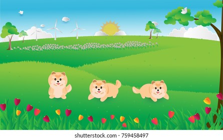 Vector illustration abstract background with pomeranian puppy flowers birds sun Wind Turbine.Paper art concept.