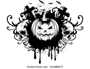 Vector illustration abstract background pumpkin and two skulls
