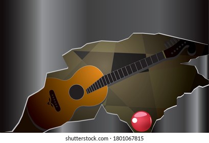 vector illustration of an abstract background with a red ball and acoustic guitar.space for text.