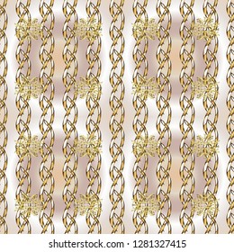 Vector illustration. Vector abstract background with repeating elements. Seamless damask classic golden pattern. Golden seamless pattern on beige and neutral colors with golden elements.
